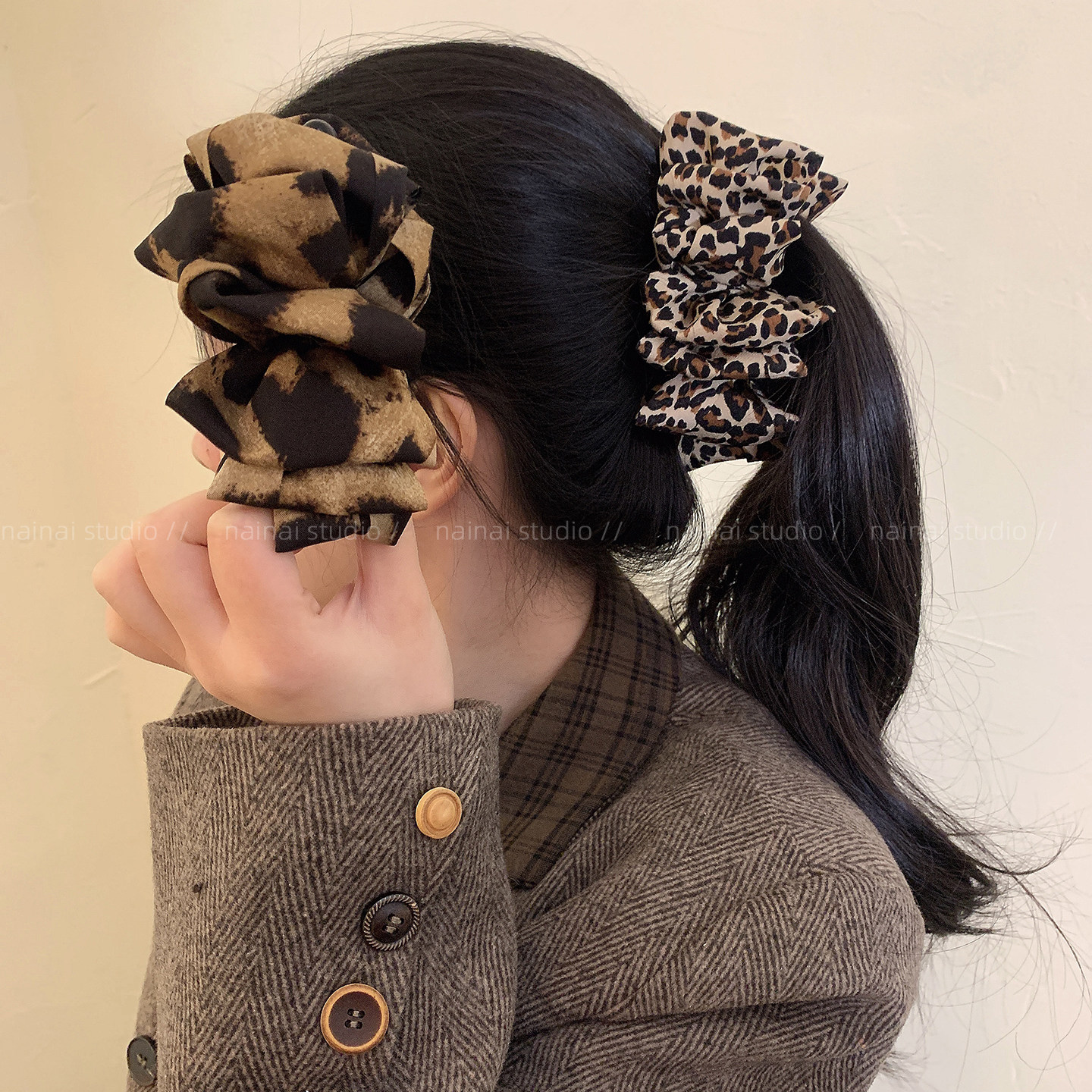 复古豹纹竖夹~褶皱显发量多马尾香蕉夹2025秋冬新款扭扭夹发夹女