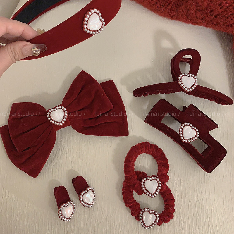 红色珍珠爱心发夹~新年款丝绒抓夹发箍发绳侧边夹发饰高级感头饰