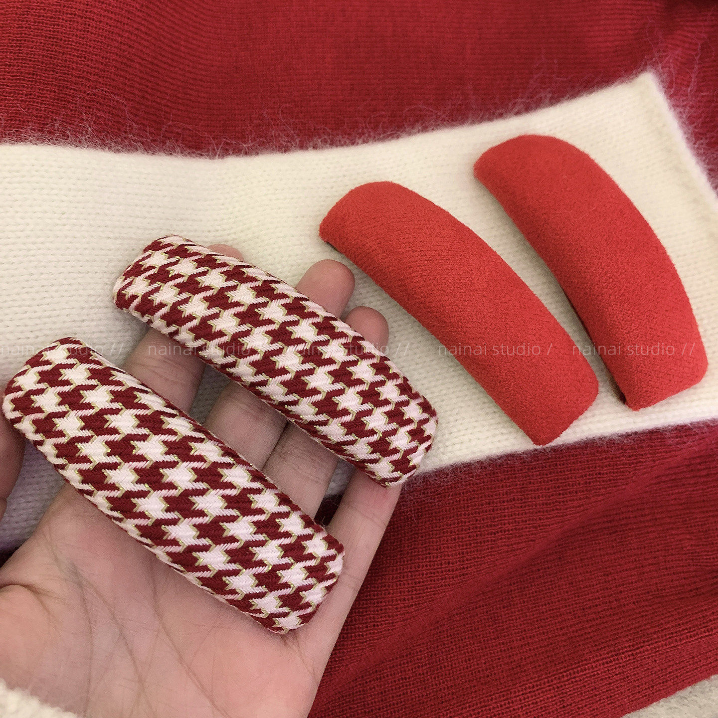 红色BB夹~圣诞节新年氛围感海绵格纹千鸟格侧边夹刘海夹发饰头饰A