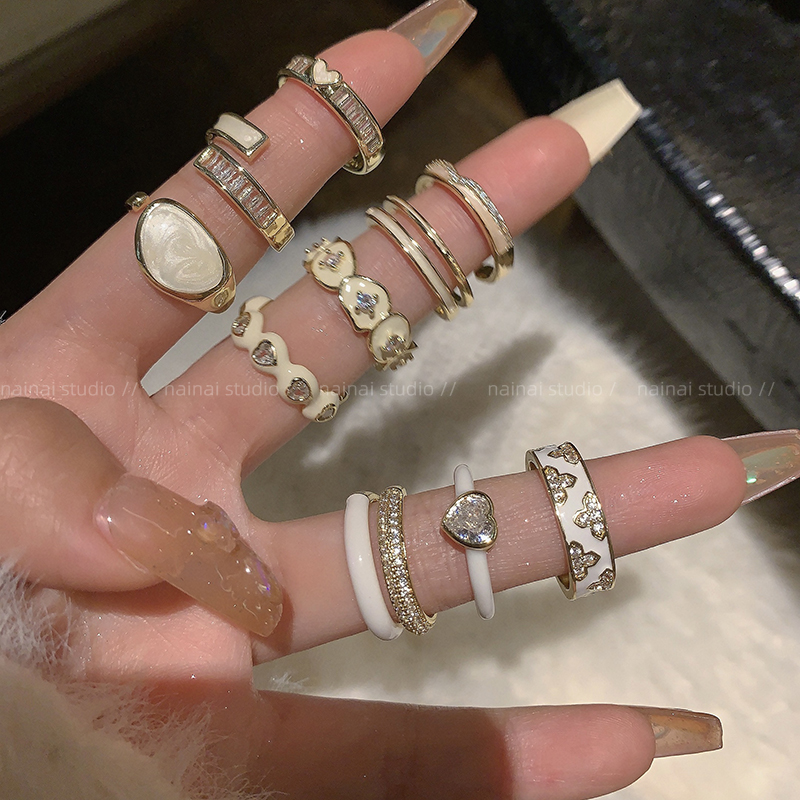 白色滴釉戒指~超仙2024春夏季新款小众锆石爱心食指戒高级感指环