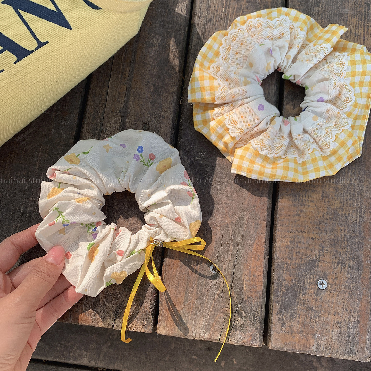 黄色碎花大肠发圈~2026春季新款蝴蝶结发绳丸子头扎头发马尾头绳