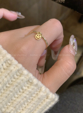 笑脸戒指~ins风韩系开口可调节食指戒气质高级感极细素圈指环女A