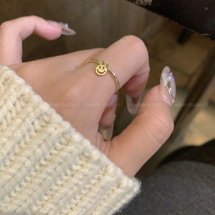 笑脸戒指~ins风韩系开口可调节食指戒气质高级感极细素圈指环女A
