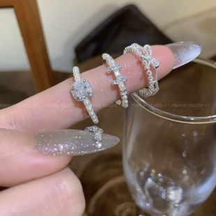 精致珍珠戒指~锆石超闪高级感轻奢H字母蝴蝶结食指戒开口指环女潮