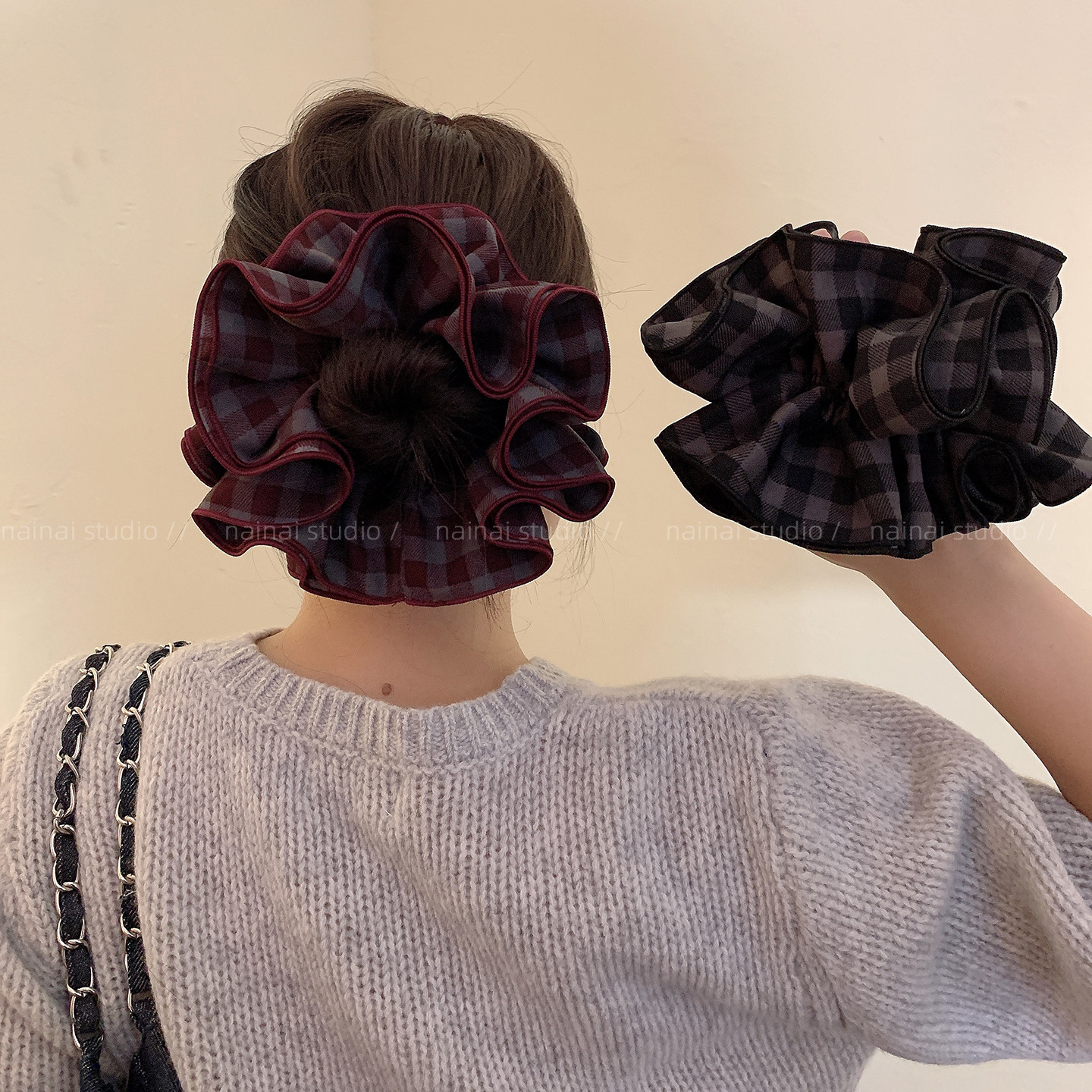 可露丽风~格子超大号高级感丸子头发绳头绳格纹马尾扎头发头花女