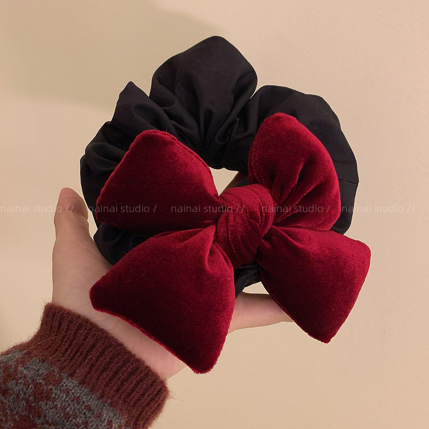 充棉蝴蝶结大肠发圈~红色丝绒新年款节日氛围感丸子头低马尾发绳A