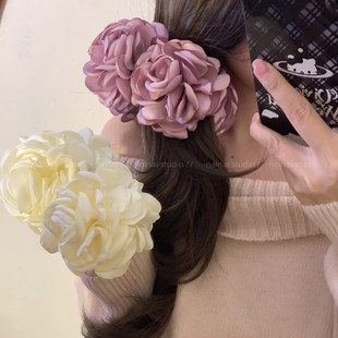 紫色花朵香蕉夹~干枯玫瑰花竖夹2026早春山茶花马尾夹发夹发饰女A