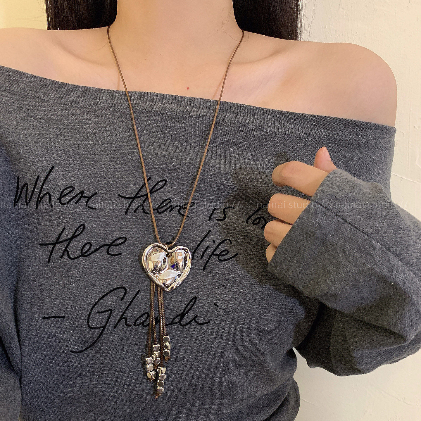 爱心吊坠项链~韩系做旧复古长款毛衣链波西米亚民族风小众配饰女A