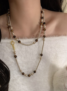 vintage风虎眼石项链~复古珍珠长款毛衣链高级感双层叠戴秋冬配饰
