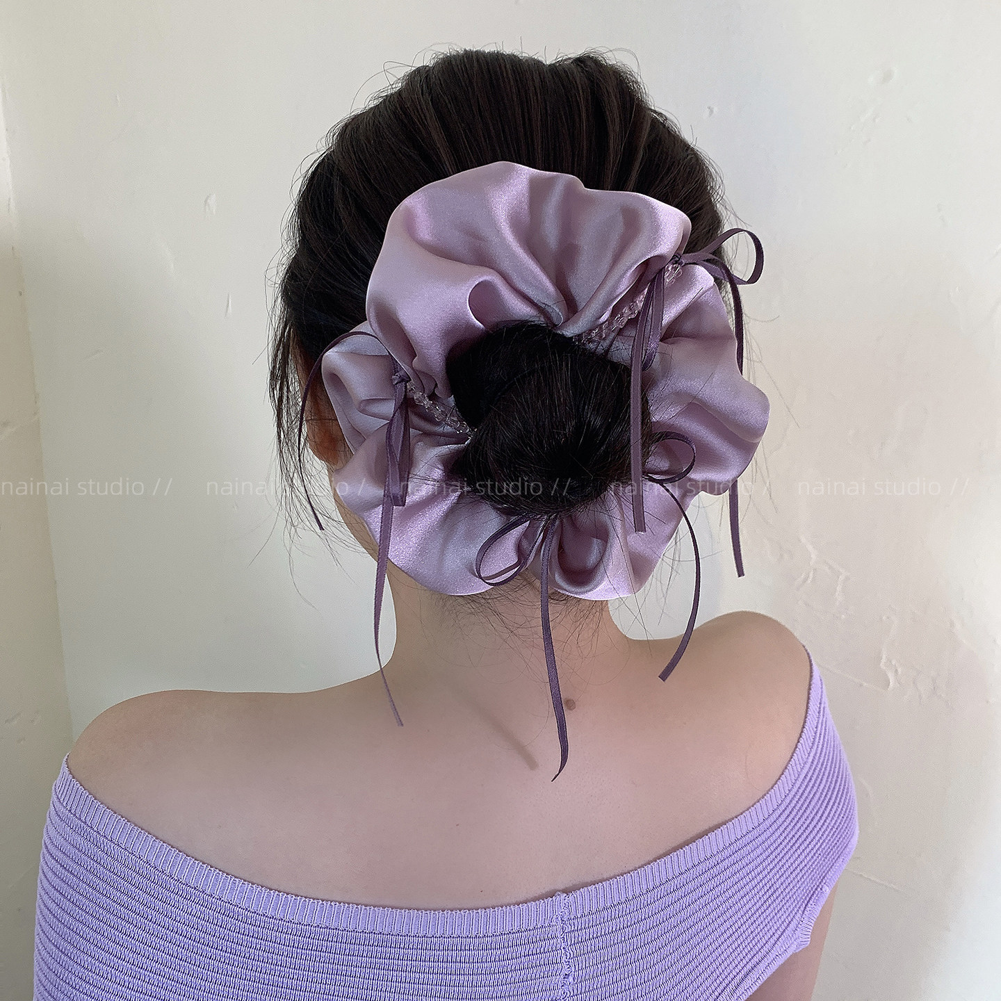 紫色飘带蝴蝶结大肠发圈~芭蕾风气质温柔丸子头发绳头绳韩系发饰