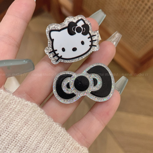 黑色KT猫鸭嘴夹~2只装！甜酷辣妹蝴蝶结侧边夹刘海夹发饰发夹女A