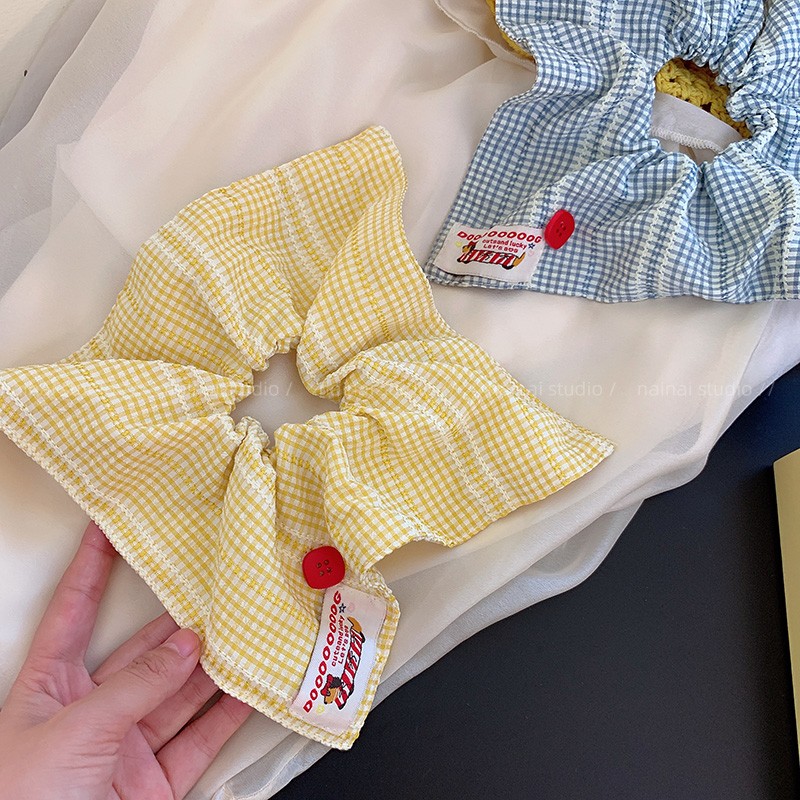 黄色+蓝色方巾发圈~撞色系格子纽扣腊肠狗大肠圈丸子头发绳头绳女