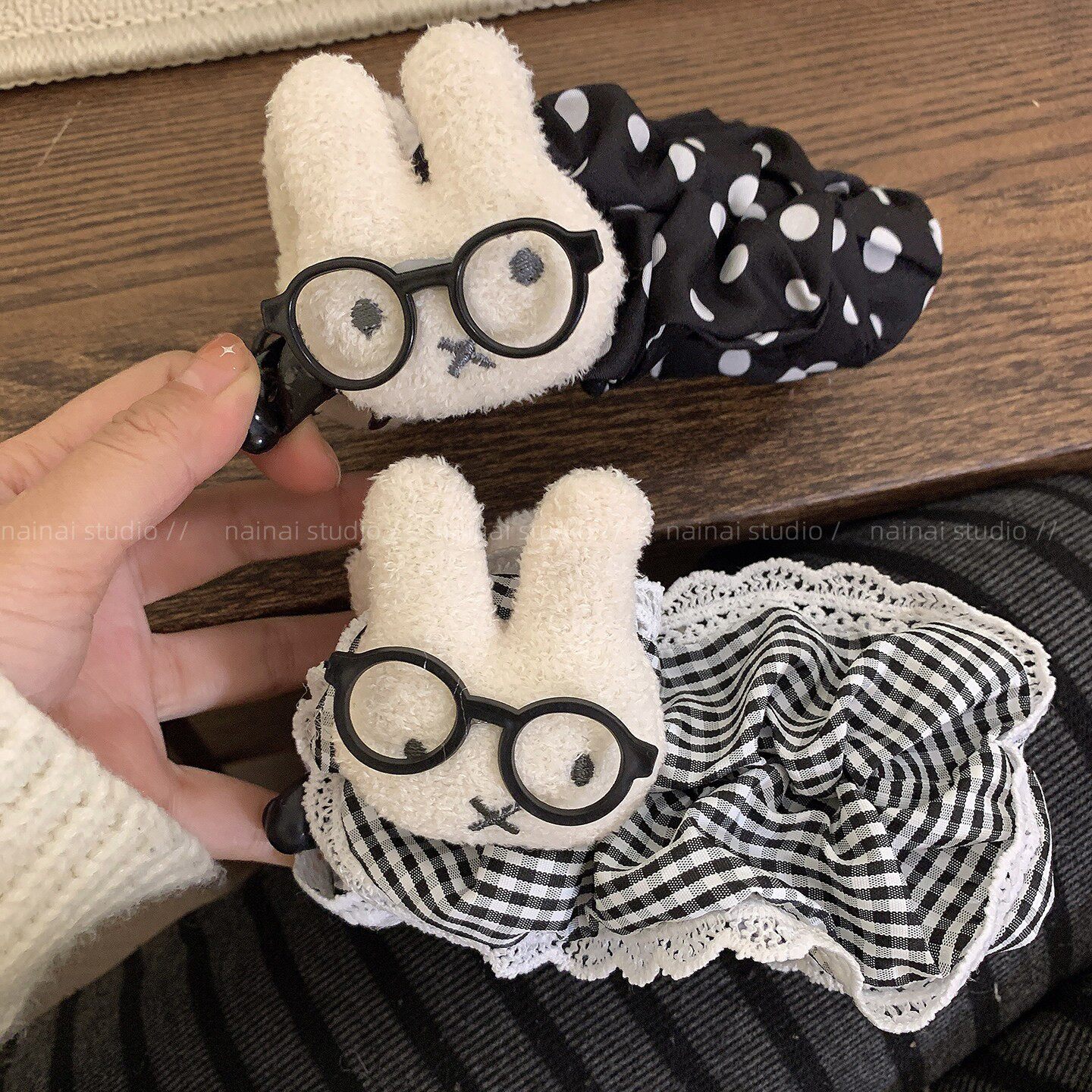 可爱波点格纹兔子香蕉夹~慵懒风后脑勺马尾扭扭夹发夹发饰竖夹女