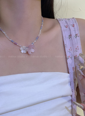 紫色串珠花朵项链~夏天甜美少女水晶锁骨链配裙子颈链小众配饰女A
