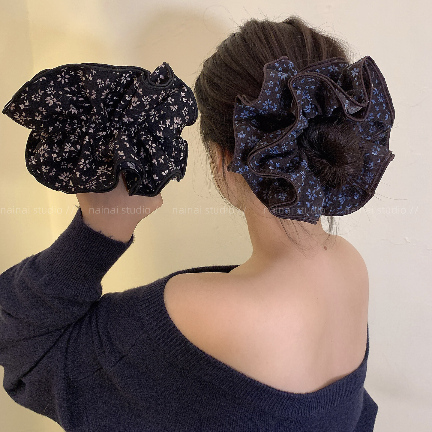 黑色小碎花大肠发圈~韩版ins风丸子头扎头发马尾发绳头绳发饰头饰