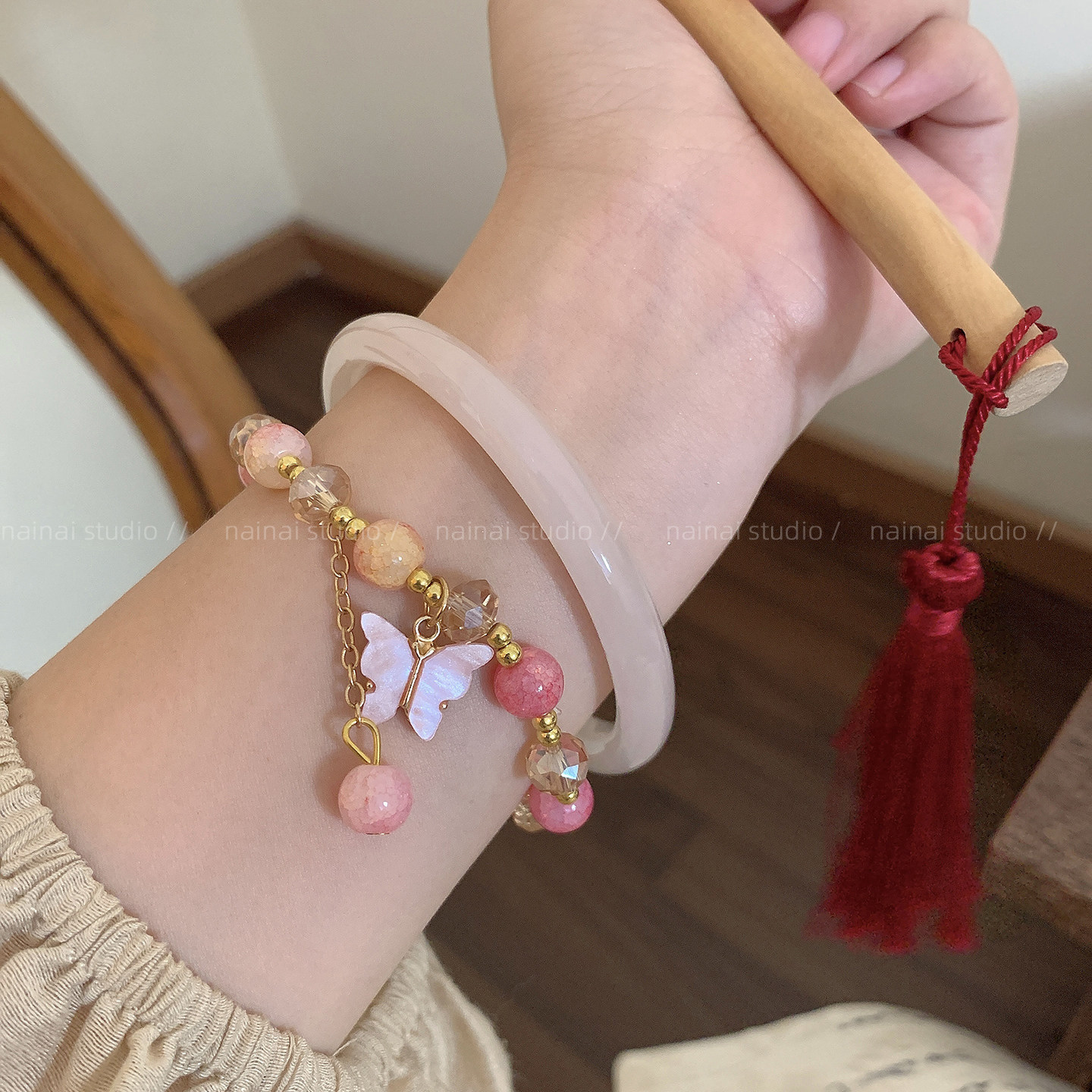 粉色手镯~2只装新中式叠戴复古气质蝴蝶串珠手串民族风手链手饰A