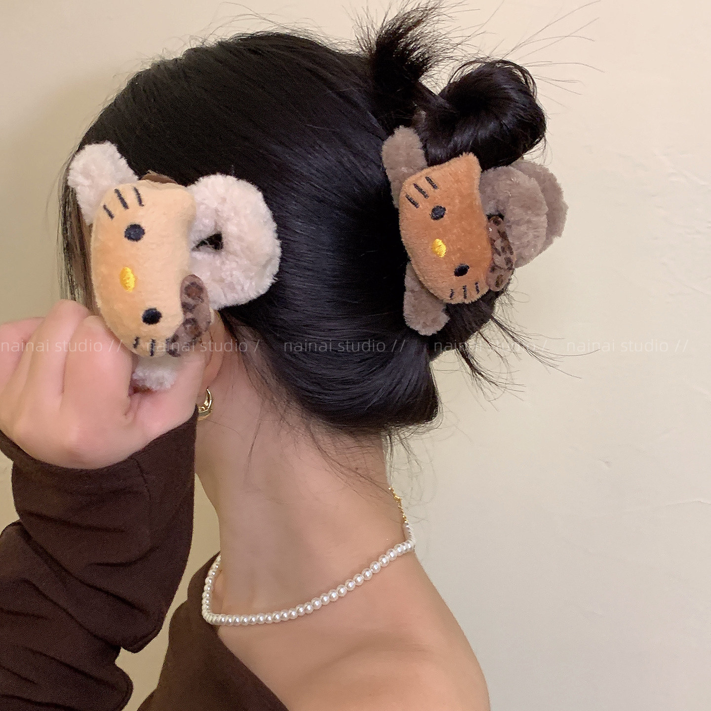 毛绒KT抓夹~豹纹Kitty猫咪可爱卡通后脑勺盘发鲨鱼夹发夹发饰