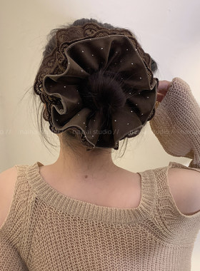 丝绒蕾丝大肠发圈~4层大号满天星闪钻氛围感丸子头低马尾发绳头绳