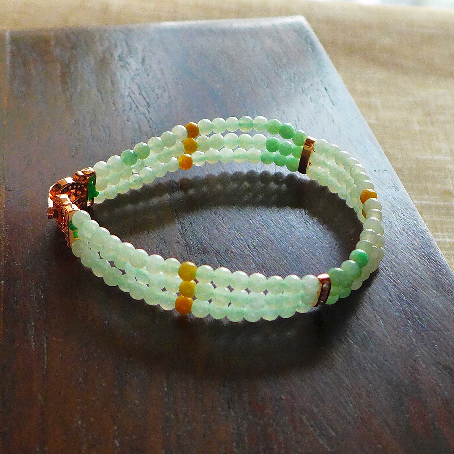 工厂直销383# A货浅绿+黄翡冰透小圆珠翡翠合金水钻编织手链