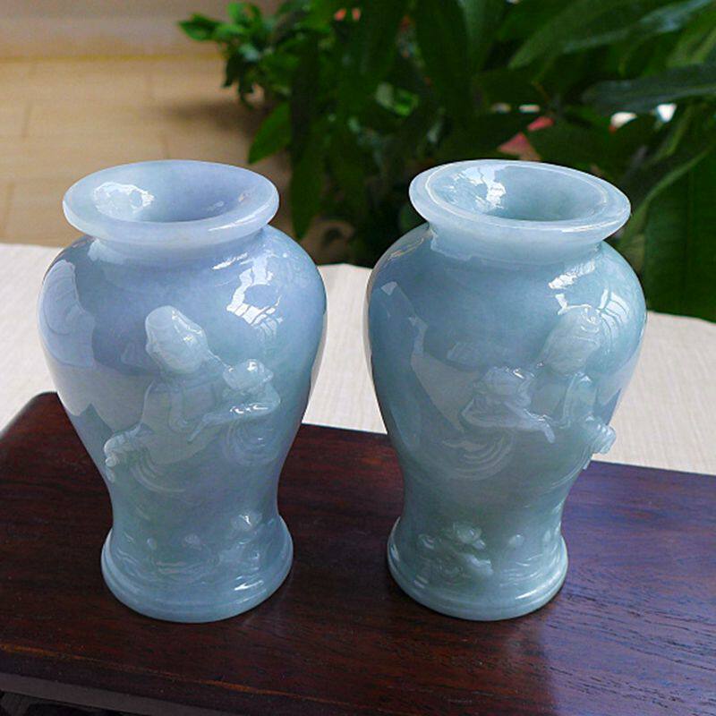 传世珍宝067# A货老种淡紫细润起胶精雕观音翡翠花瓶一对摆件