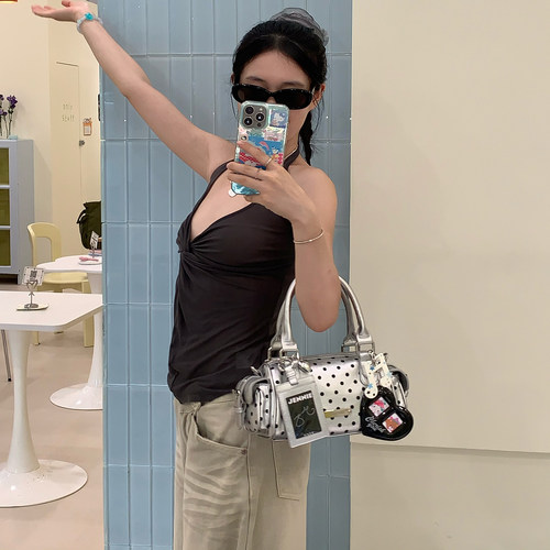 ParoParo波卡尔圆点！手提韩系ins银色油蜡皮波点保龄球包斜挎包