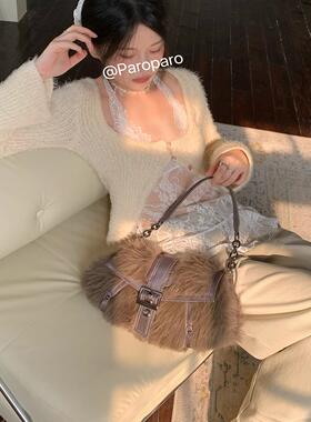 ParoParo亚裔ABG！原创美式酷辣Y2K仿水貂毛皮草包腋下包斜挎包