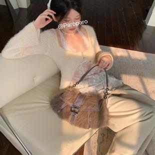 ParoParo亚裔ABG 酷辣Y2K仿水貂毛皮草包腋下包斜挎包 原创美式