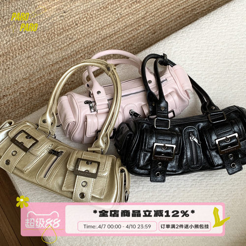 复古油蜡皮多口袋长柄法棍腋下包