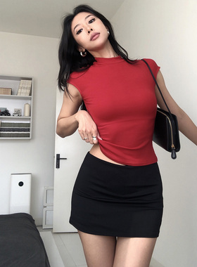 A BEAN 欧美辣妹 百搭黑色低腰弹力包臀运动短裙 瑜伽防走光A字裙