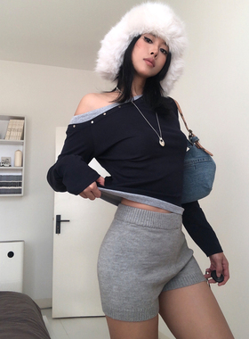 A BEAN 美式辣妹 秋冬百搭毛织短裤高腰弹力包臀休闲打底毛线裤