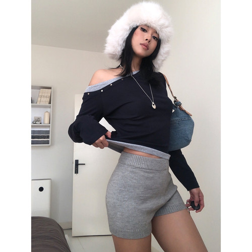 美式辣妹百搭毛织高腰弹力短裤