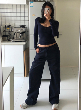 A BEAN 美式辣妹 低腰抽绳纯色宽松直筒长裤 经典松紧腰休闲裤