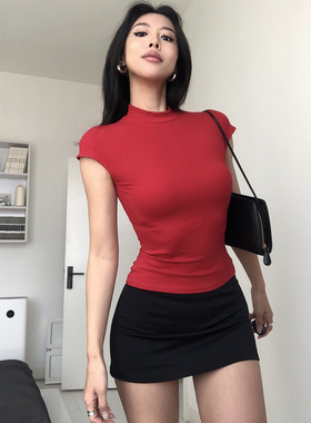 A BEAN abg辣妹 修身正肩圆领收腰小飞袖T恤 卡戴珊半高领短袖