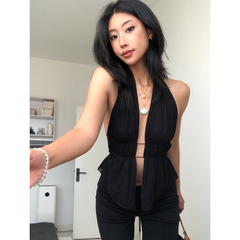 A BEAN abg辣妹 挂脖露背镂空网纱吊带背心 性感度假风上衣