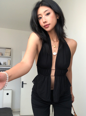 A BEAN abg辣妹 挂脖露背镂空网纱吊带背心 性感度假风上衣