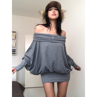 辣妹慵懒一字肩翻领灯笼连衣裙 美式 堆堆露肩包臀短裙上衣 BEAN