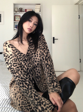 A BEAN 美式复古辣妹 时髦豹纹V领抓毛毛衣开衫 松弛感针织外套