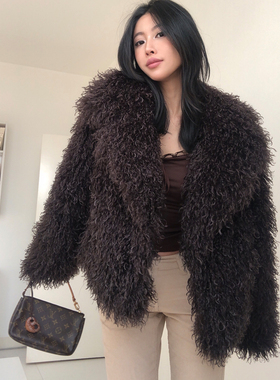 A BEAN美式辣妹复古翻领环保仿滩羊毛皮草毛毛外套宽松泰迪毛大衣
