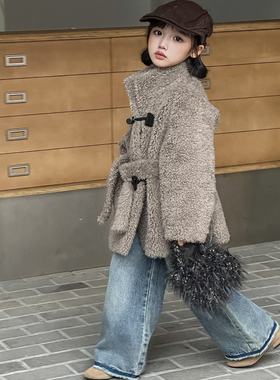 若堇2025冬季新款灰色牛角扣羊羔毛大衣100%真羊毛一体女童皮草