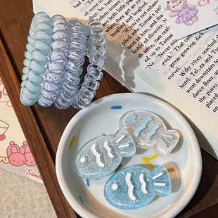 夏新款 彩透明果冻小鱼发夹百搭透明电话绳发圈可爱气质发饰头饰女