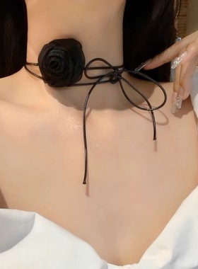 纯欲风玫瑰脖子系花项链女choker锁骨链项圈配饰颈带山茶花朵颈链