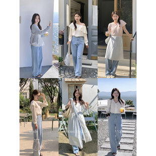女气质复古浅蓝色宽松显瘦高腰长裤 直筒牛仔裤 子 海盐假日 Miao