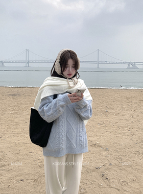 Miao【蓝岛之恋】韩版秋冬甜美蓝色保暖套头宽松休闲百搭针织毛衣