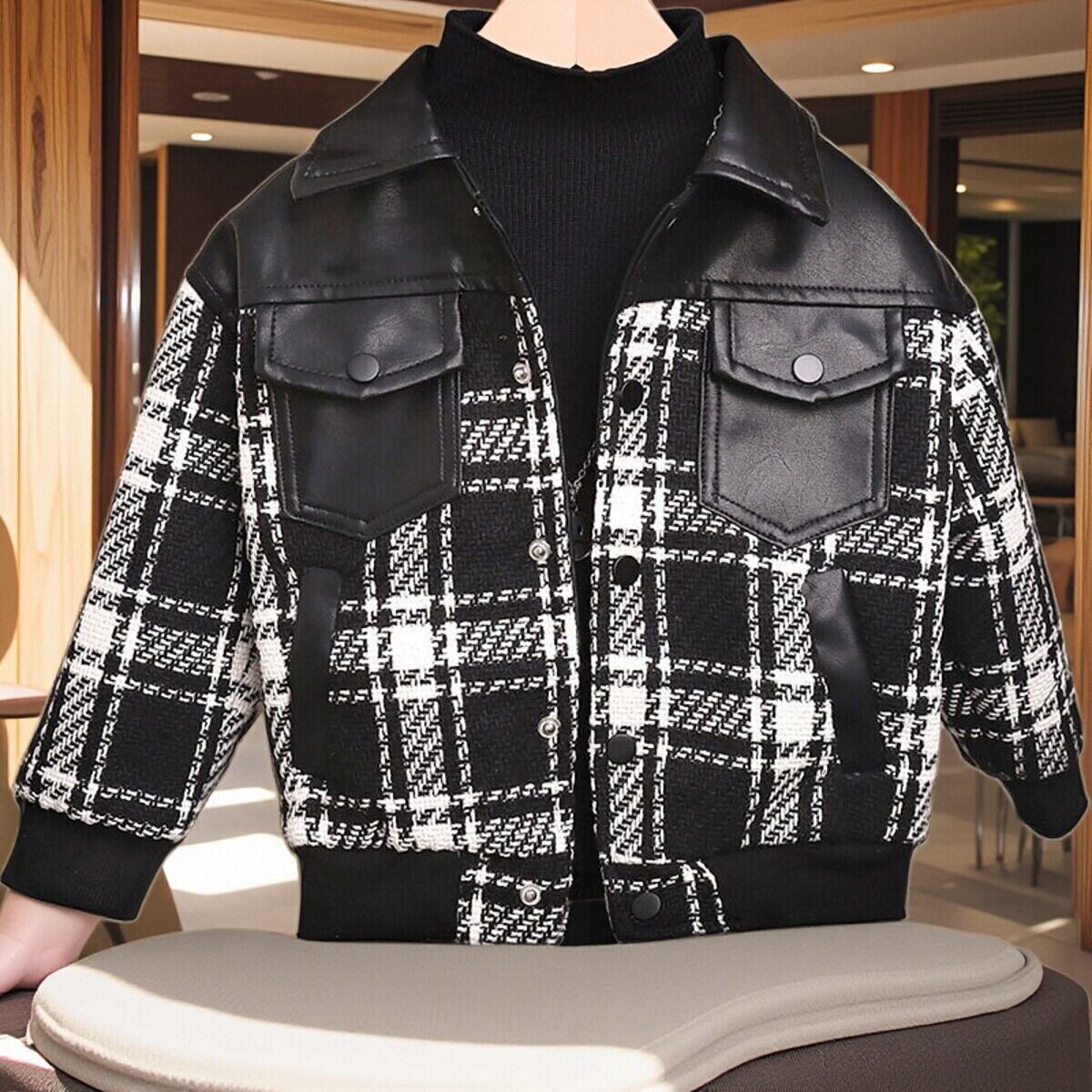 千鸟格男女童皮衣外套英伦风皮夹克上衣儿童休闲时尚皮衣外套潮流