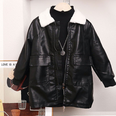 软皮保暖加绒儿童长款皮衣外套