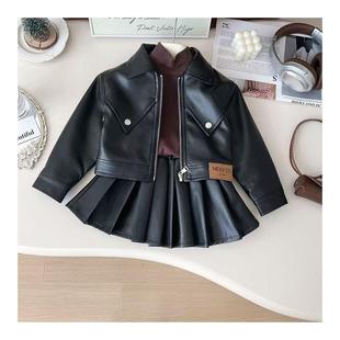 春秋女童皮衣套装女孩韩版时髦机车服儿童皮衣外套百褶裙两件套