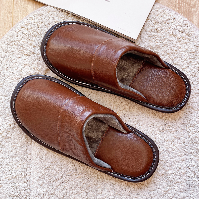 冬季情侣毛毛家居厚底真皮棉拖鞋