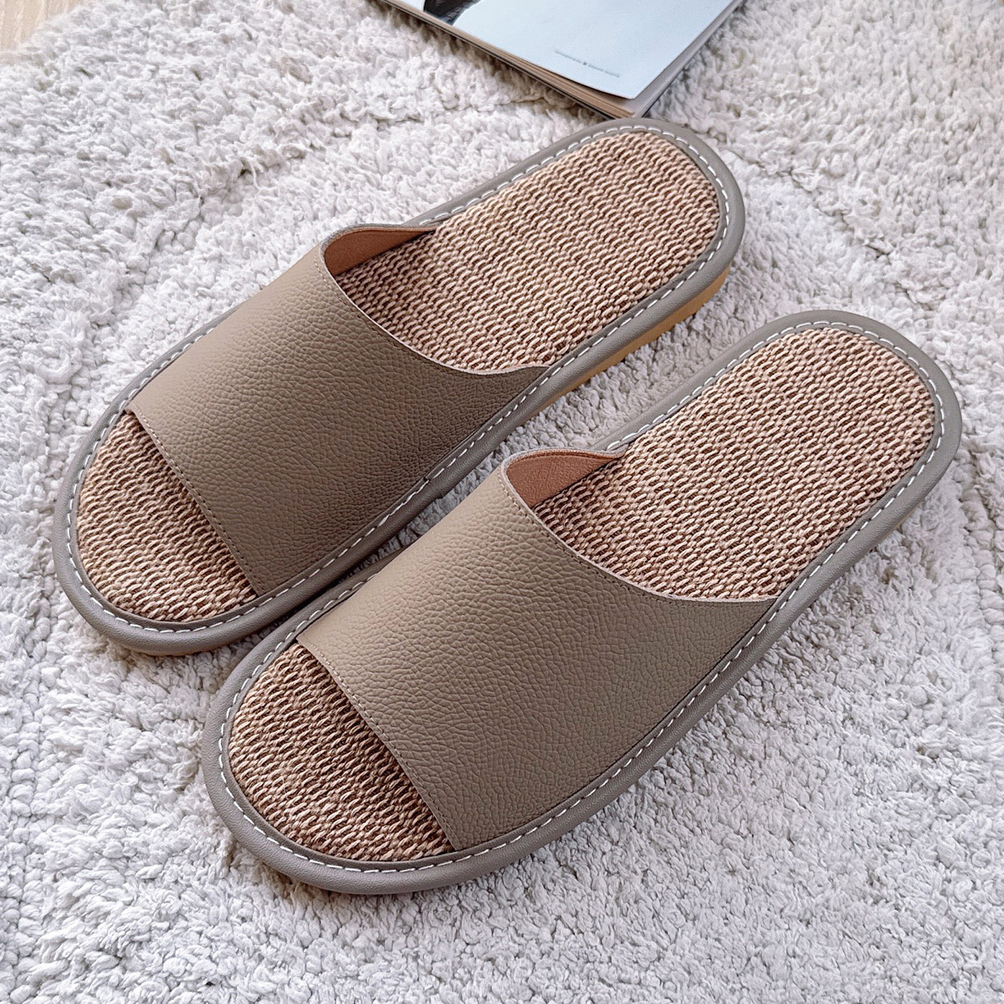 真皮亚麻拖鞋男女室内居家防滑透气不臭脚牛皮拖鞋平底夏季软底