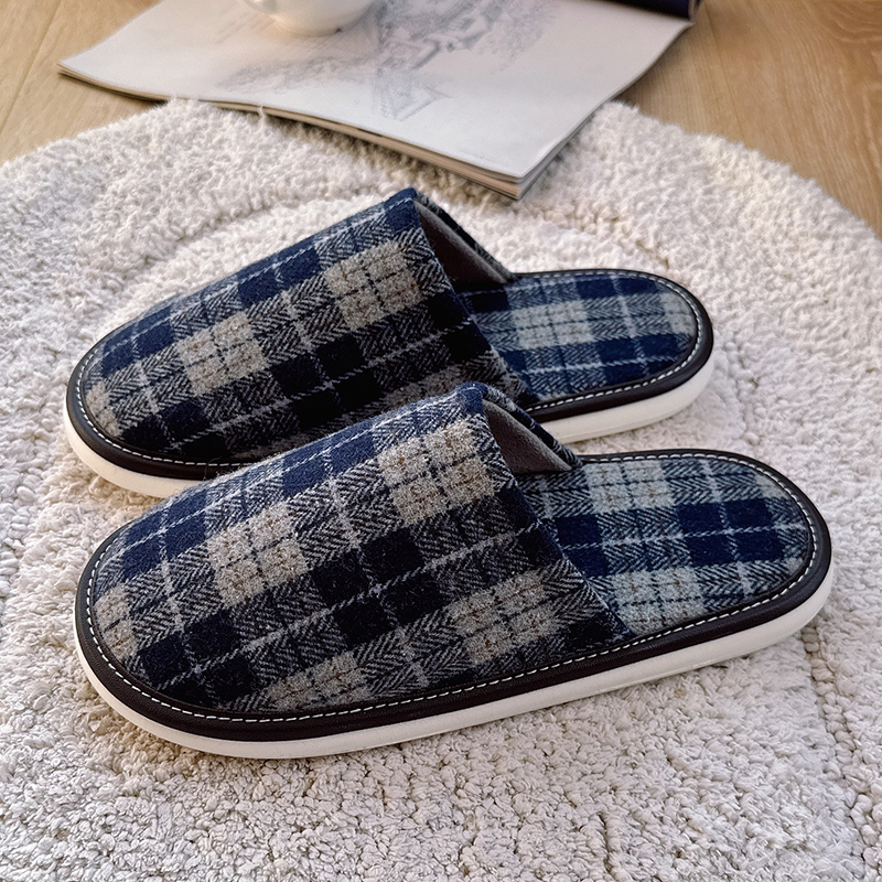 格子布艺新款春秋季情侣男女四季室内厚底包头拖鞋软底防滑不臭脚