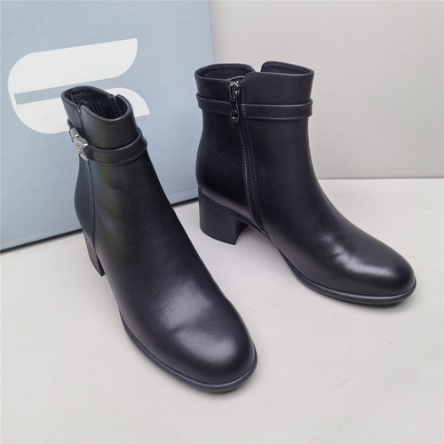 comely/康莉正品撤柜时尚圆头粗跟百搭女新款牛皮革交侧拉链短靴